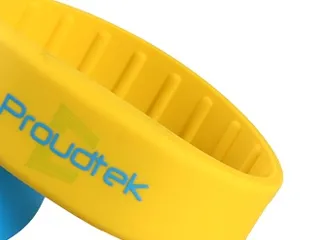 Yellow silicone RFID wristband printed with the Proud Tek logo